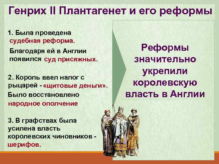 Генрих II Плантагенет и его реформы 1. Была проведена судебная реформа. Благодаря ей в