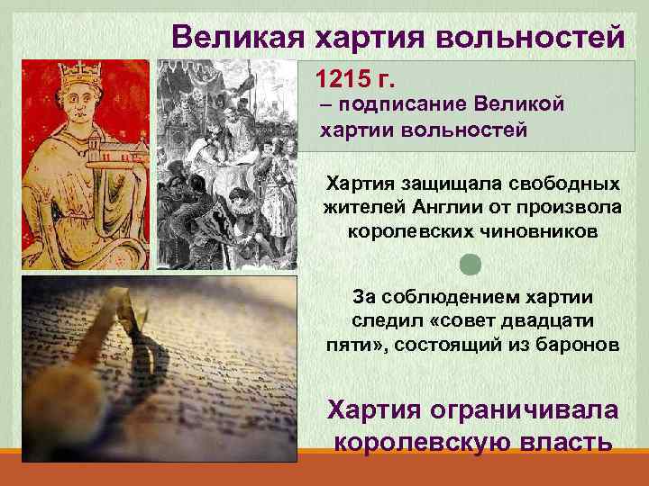 Великая хартия вольностей 1215 г. – подписание Великой хартии вольностей Хартия защищала свободных жителей