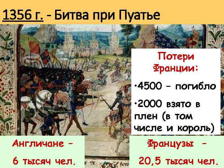 1356 г. - Битва при Пуатье Потери Франции: • 4500 – погибло • 2000