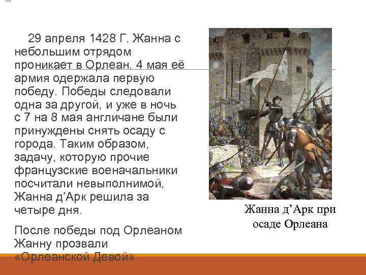  29 апреля 1428 Г. Жанна с небольшим отрядом проникает в Орлеан. 4 мая