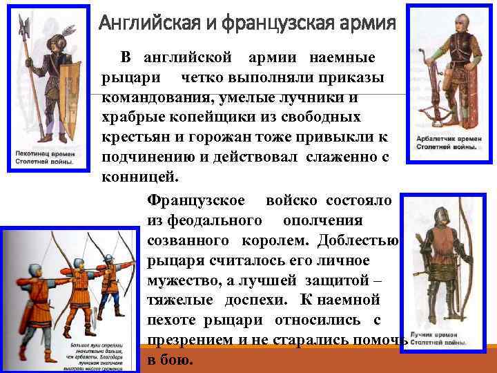 Английская и французская армия В английской армии наемные рыцари четко выполняли приказы командования, умелые