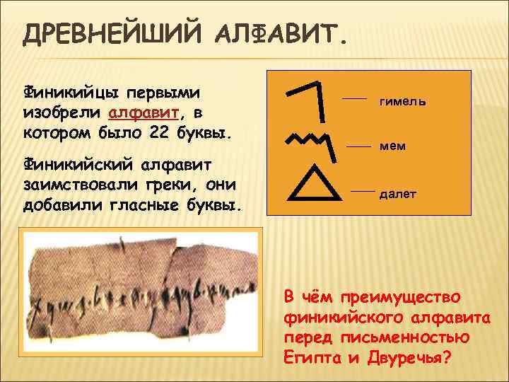 ДРЕВНЕЙШИЙ АЛФАВИТ. Финикийцы первыми изобрели алфавит, в котором было 22 буквы. Финикийский алфавит заимствовали