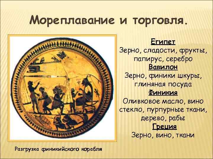 Мореплавание и торговля. Египет Зерно, сладости, фрукты, папирус, серебро Вавилон Зерно, финики шкуры, глиняная