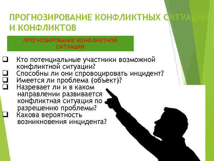 ПРОГНОЗИРОВАНИЕ КОНФЛИКТНЫХ СИТУАЦИЙ И КОНФЛИКТОВ ПРОГНОЗИРОВАНИЕ КОНФЛИКТНОЙ СИТУАЦИИ q q q Кто потенциальные участники