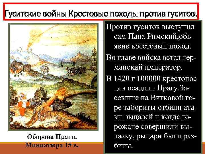 Гуситские войны Крестовые походы против гуситов. Оборона Праги. Миниатюра 15 в. Против гуситов выступил