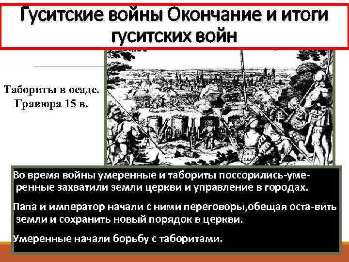 Гуситские войны Окончание и итоги гуситских войн Табориты в осаде. Гравюра 15 в. Во