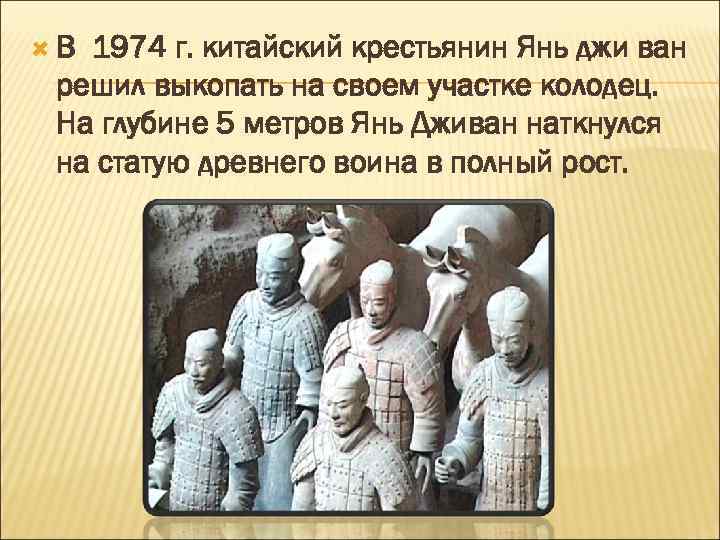  В 1974 г. китайский крестьянин Янь джи ван решил выкопать на своем участке