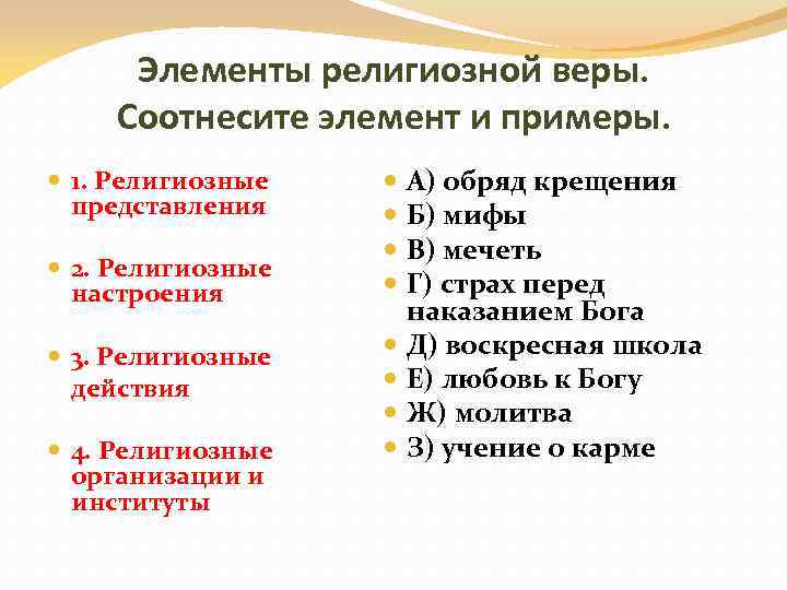 Элементы религиозной веры. Соотнесите элемент и примеры. 1. Религиозные представления 2. Религиозные настроения 3.