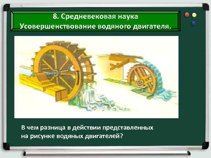 8. Средневековая наука Усовершенствование водяного двигателя. В чем разница в действии представленных на рисунке