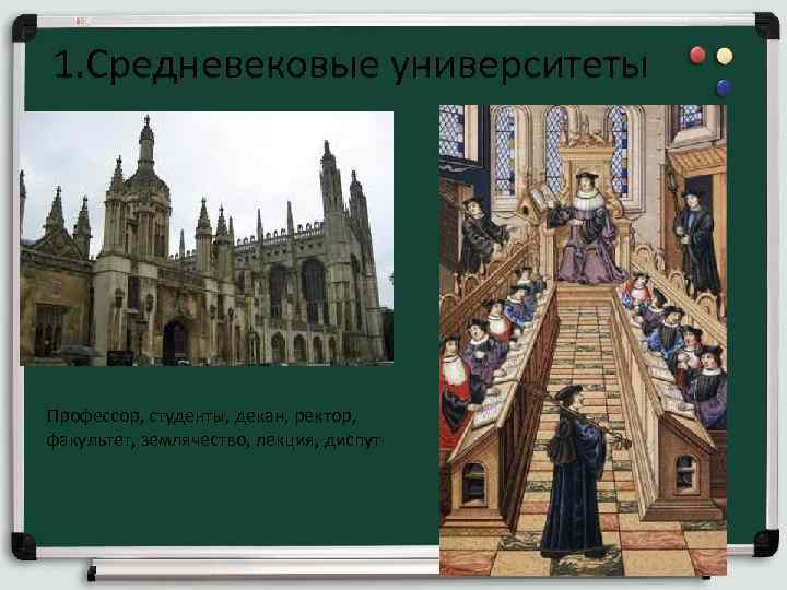 1. Средневековые университеты Профессор, студенты, декан, ректор, факультет, землячество, лекция, диспут 
