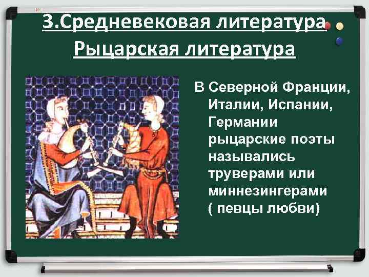 3. Средневековая литература Рыцарская литература В Северной Франции, Италии, Испании, Германии рыцарские поэты назывались