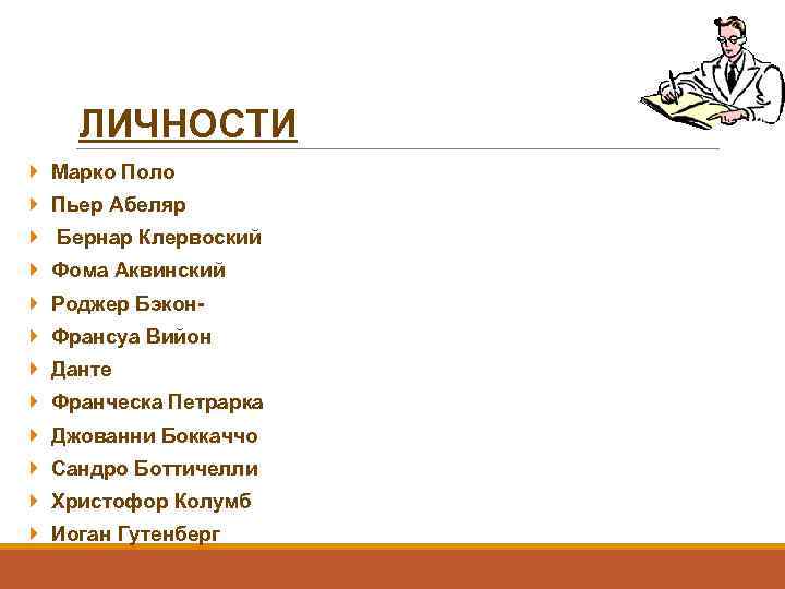 ЛИЧНОСТИ Марко Поло Пьер Абеляр Бернар Клервоский Фома Аквинский Роджер Бэкон Франсуа Вийон Данте