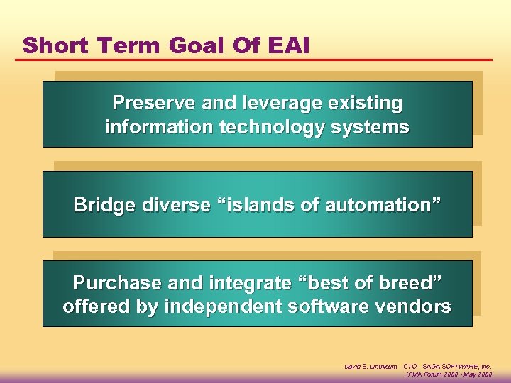 Short Term Goal Of EAI Preserve and leverage existing information technology systems Bridge diverse