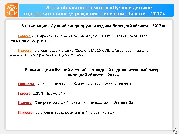 Итоги областного смотра «Лучшее детское оздоровительное учреждение Липецкой области – 2017» В номинации «Лучший