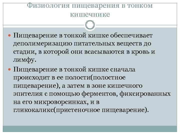 Физиология пищеварения в тонком кишечнике Пищеварение в тонкой кишке обеспечивает деполимеризацию питательных веществ до