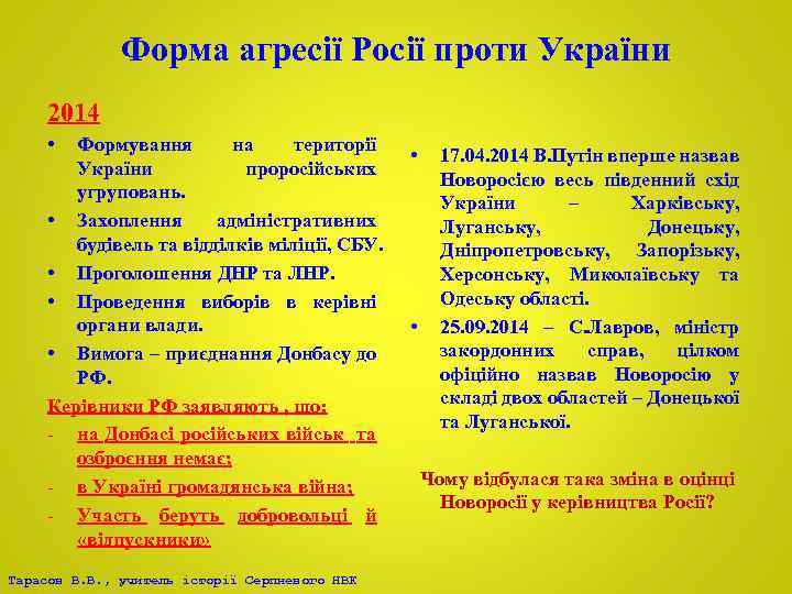 Форма агресії Росії проти України 2014 • Формування на території України проросійських угруповань. •