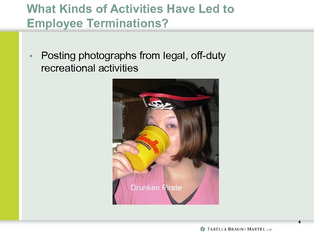 What Kinds of Activities Have Led to Employee Terminations? • Posting photographs from legal,