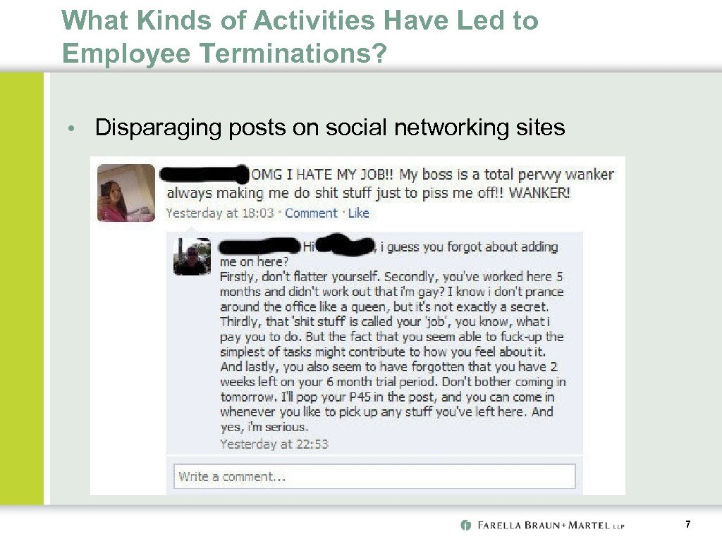 What Kinds of Activities Have Led to Employee Terminations? • Disparaging posts on social