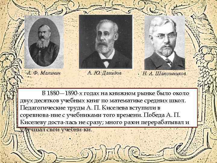 А. Ф. Малинин A. Ю. Давидов Н. А. Шапошников В 1880— 1890 х годах