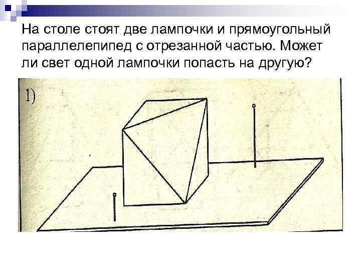 На столе стоят две лампочки и прямоугольный параллелепипед с отрезанной частью. Может ли свет
