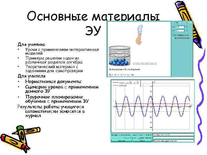 Основные материалы ЭУ Для ученика • • • Уроки с применением интерактивных моделей Примеры