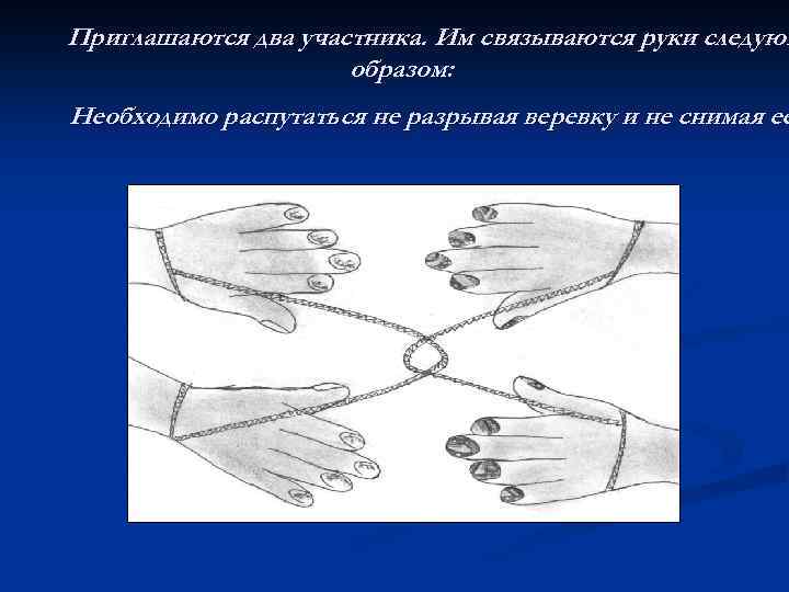 Приглашаются два участника. Им связываются руки следующ образом: Необходимо распутаться не разрывая веревку и