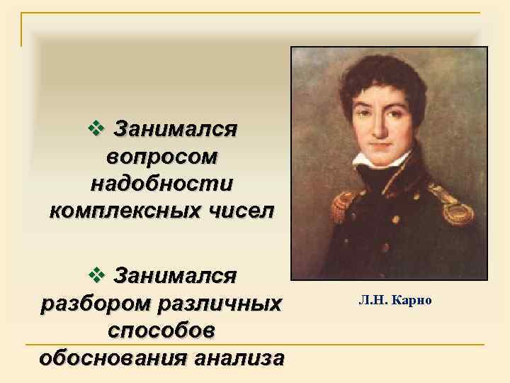 v Занимался вопросом надобности комплексных чисел v Занимался разбором различных способов обоснования анализа Л.