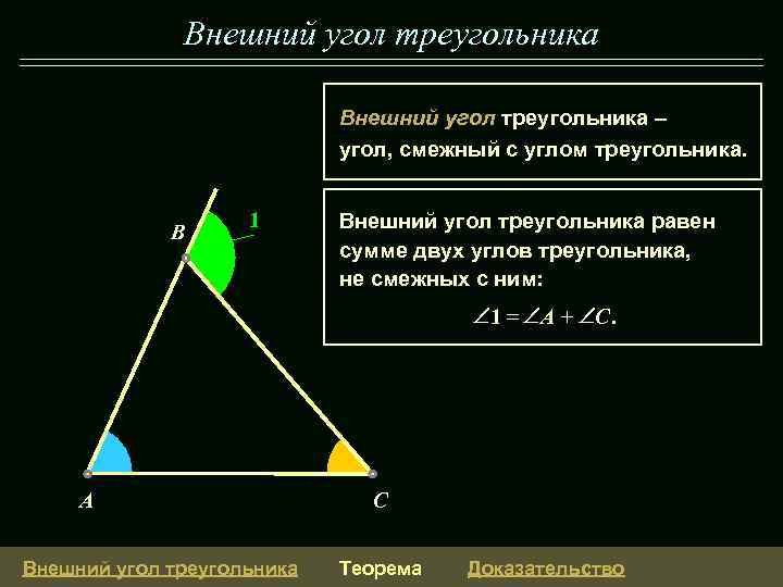 Внешний угол треугольника – угол, смежный с углом треугольника. B 1 4 Внешний угол