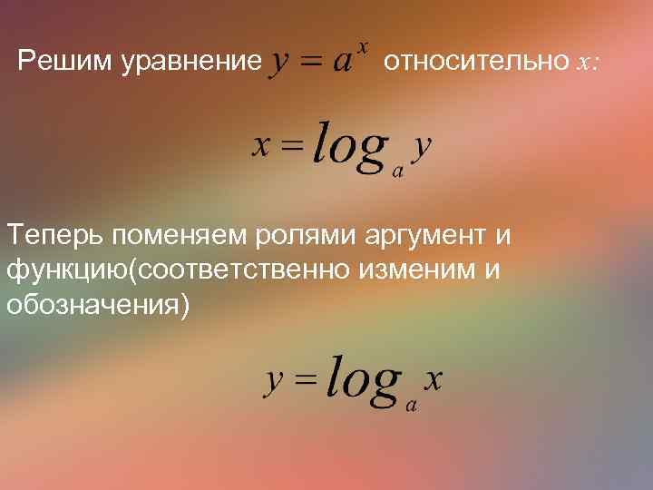 Решим уравнение относительно х: Теперь поменяем ролями аргумент и функцию(соответственно изменим и обозначения) 