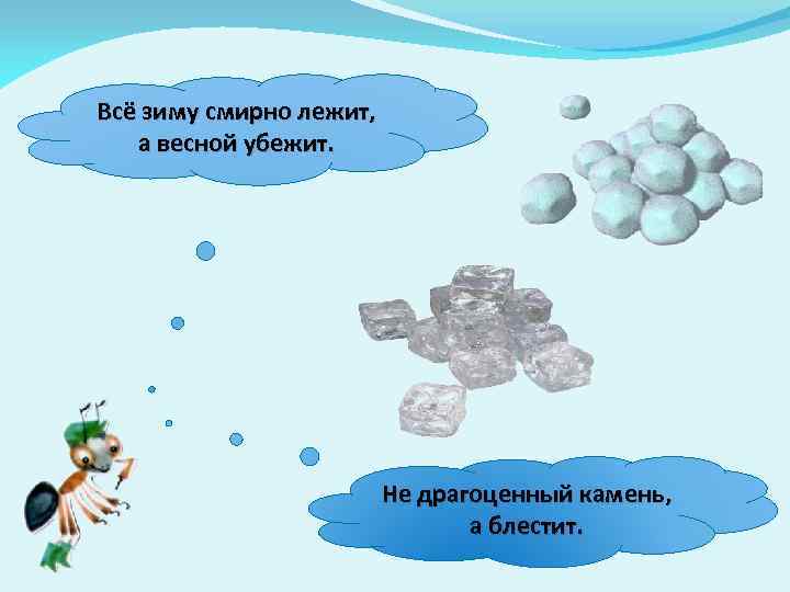 Всё зиму смирно лежит, а весной убежит. Не драгоценный камень, а блестит. 