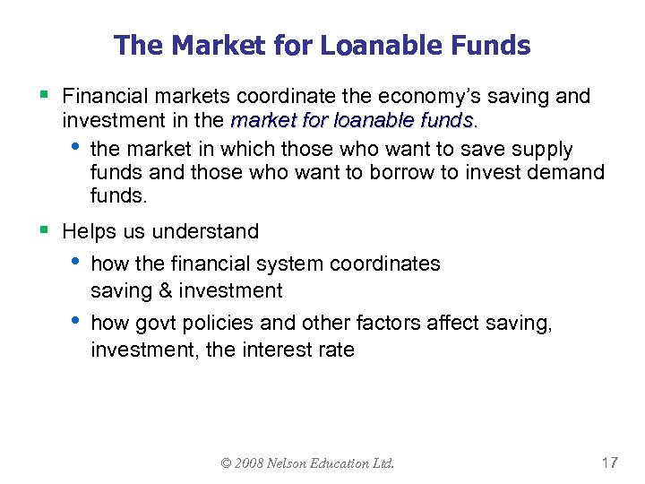 The Market for Loanable Funds § Financial markets coordinate the economy’s saving and investment
