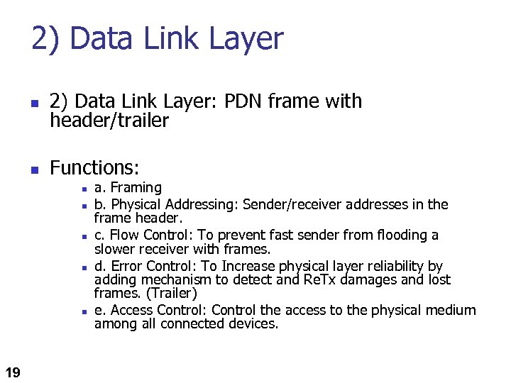 2) Data Link Layer n 2) Data Link Layer: PDN frame with header/trailer n