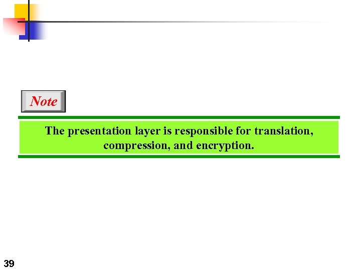 Note The presentation layer is responsible for translation, compression, and encryption. 39 