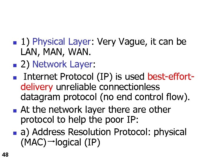 n n n 48 1) Physical Layer: Very Vague, it can be LAN, MAN,