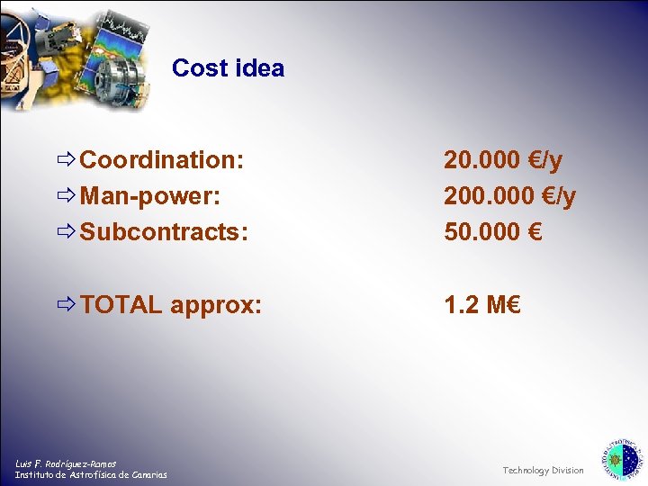 Cost idea ð Coordination: ð Man-power: ð Subcontracts: 20. 000 €/y 200. 000 €/y