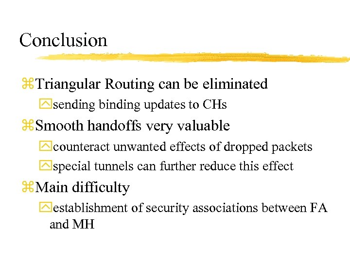 Conclusion z. Triangular Routing can be eliminated ysending binding updates to CHs z. Smooth
