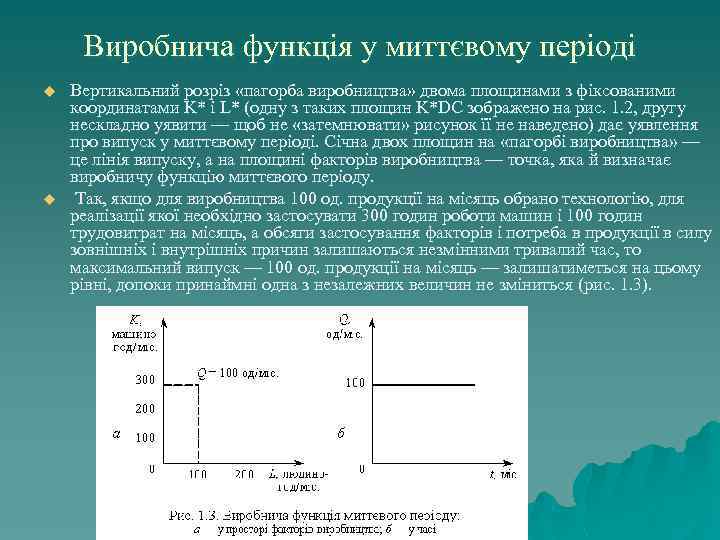 Виробнича функція у миттєвому періоді u u Вертикальний розріз «пагорба виробництва» двома площинами з