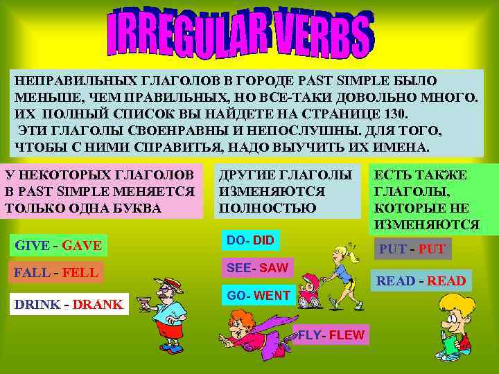 НЕПРАВИЛЬНЫХ ГЛАГОЛОВ В ГОРОДЕ PAST SIMPLE БЫЛО МЕНЬШЕ, ЧЕМ ПРАВИЛЬНЫХ, НО ВСЕ-ТАКИ ДОВОЛЬНО МНОГО.