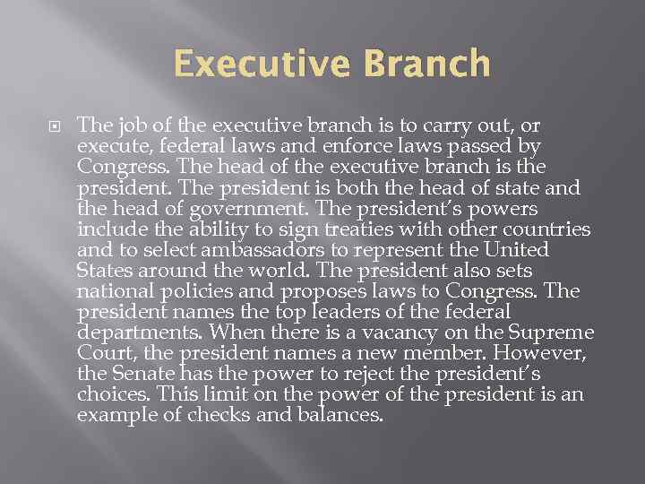 Executive Branch The job of the executive branch is to carry out, or execute,