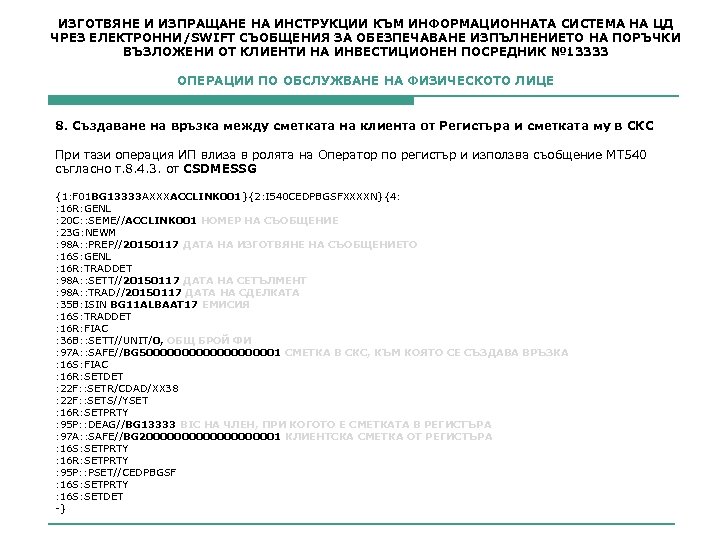 ИЗГОТВЯНЕ И ИЗПРАЩАНЕ НА ИНСТРУКЦИИ КЪМ ИНФОРМАЦИОННАТА СИСТЕМА НА ЦД ЧРЕЗ ЕЛЕКТРОННИ/SWIFT СЪОБЩЕНИЯ ЗА