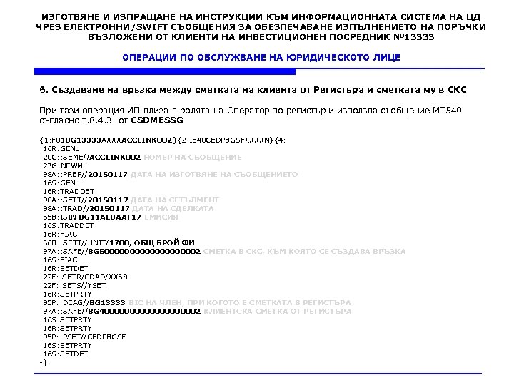 ИЗГОТВЯНЕ И ИЗПРАЩАНЕ НА ИНСТРУКЦИИ КЪМ ИНФОРМАЦИОННАТА СИСТЕМА НА ЦД ЧРЕЗ ЕЛЕКТРОННИ/SWIFT СЪОБЩЕНИЯ ЗА