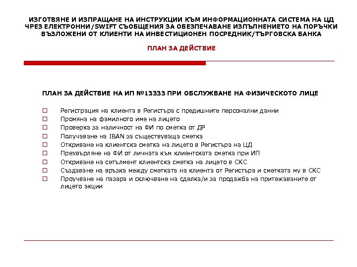 ИЗГОТВЯНЕ И ИЗПРАЩАНЕ НА ИНСТРУКЦИИ КЪМ ИНФОРМАЦИОННАТА СИСТЕМА НА ЦД ЧРЕЗ ЕЛЕКТРОННИ/SWIFT СЪОБЩЕНИЯ ЗА