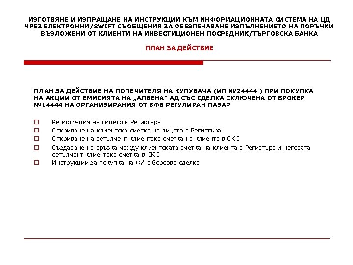 ИЗГОТВЯНЕ И ИЗПРАЩАНЕ НА ИНСТРУКЦИИ КЪМ ИНФОРМАЦИОННАТА СИСТЕМА НА ЦД ЧРЕЗ ЕЛЕКТРОННИ/SWIFT СЪОБЩЕНИЯ ЗА