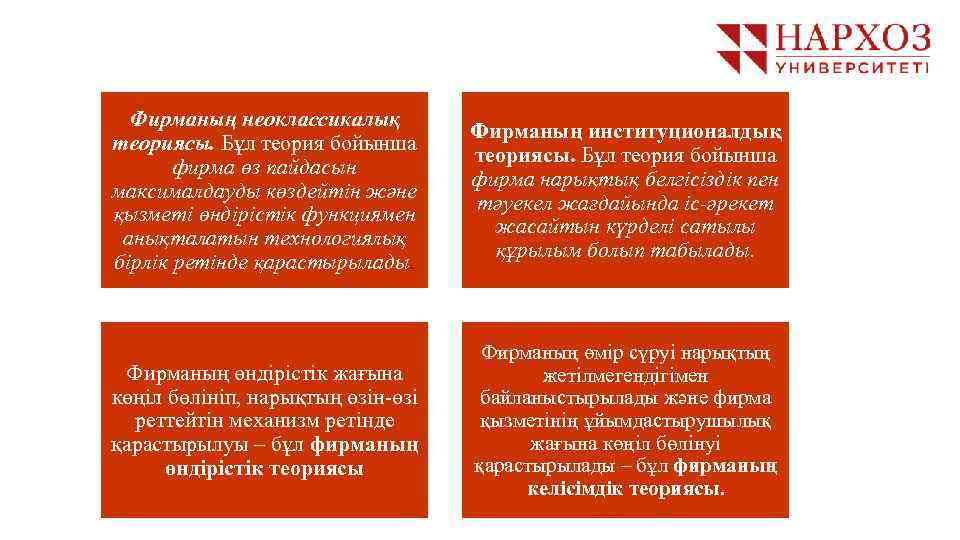 Фирманың неоклассикалық теориясы. Бұл теория бойынша фирма өз пайдасын максималдауды көздейтін және қызметі өндірістік