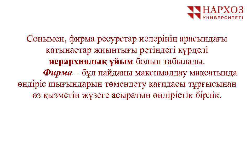 Сонымен, фирма ресурстар иелерінің арасындағы қатынастар жиынтығы ретіндегі күрделі иерархиялық ұйым болып табылады. Фирма