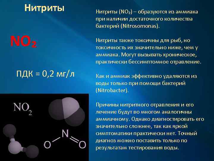 Нитриты NO₂ ПДК = 0, 2 мг/л Нитриты (NO₂) – образуются из аммиака при