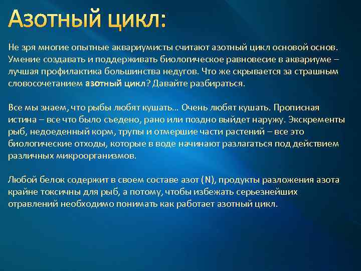 Азотный цикл: Не зря многие опытные аквариумисты считают азотный цикл основой основ. Умение создавать