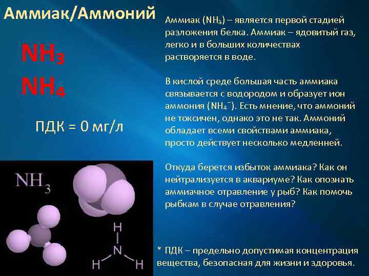 Аммиак/Аммоний NH₃ NH₄ ПДК = 0 мг/л Аммиак (NH₃) – является первой стадией разложения