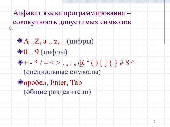 Алфавит языка программирования – совокупность допустимых символов A. . Z, a. . z, _