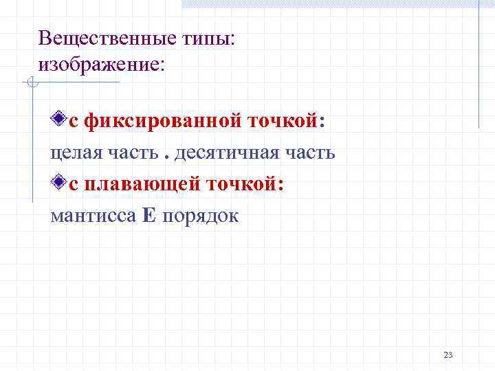 Вещественные типы: изображение: с фиксированной точкой: целая часть. десятичная часть с плавающей точкой: мантисса